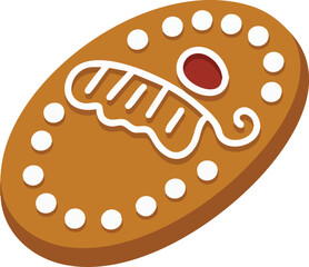 A festive oval-shaped gingerbread cookie decorated with white icing and red candy.