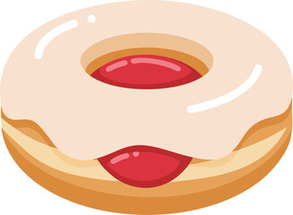 A donut with white frosting and a red jelly filling.