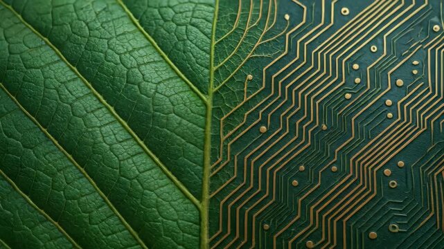 Green leaf merged with circuit traces macro closeup nature green vein circuit technology macro closeup blending ethical messaging and balance