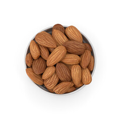 Top view of fresh almond nuts served in white ceramic bowl