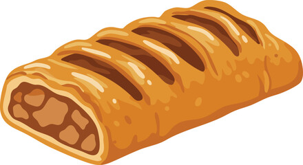 A golden-brown baked pastry filled with a savory meat mixture, sliced to reveal the filling.