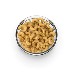 Top view of cashew nuts in round transparent glass bowl