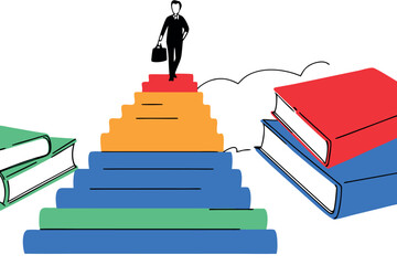 Man ascends a colorful book staircase with books on either side