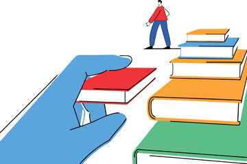 Hand reaching for a red book with a book staircase in background