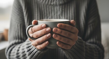 Close-up of a woman's hands with natural nails gently holding a warm, steaming mug of coffee or tea while wearing a cozy grey knitted sweater
