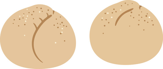 Two round bread rolls with a light brown color, featuring a textured surface and a decorative slit.
