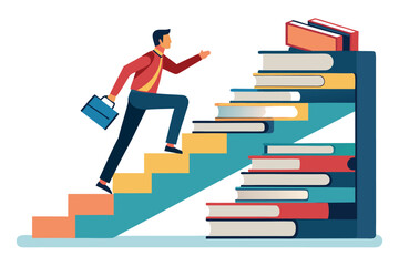 Man ascending a tall staircase of books with briefcase