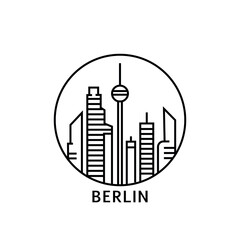 Berlin skyline, horizon logo. Panorama of Germany city icon, abstract landmarks, skyscrapers, downtown. Isolated thin line graphic, vector clipart