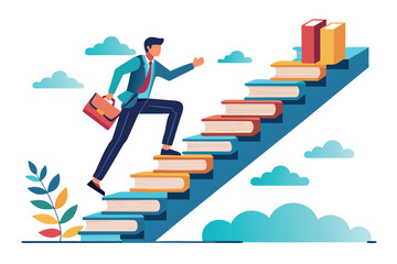 Man ascending a staircase built from books, symbolizing career advancement through learning