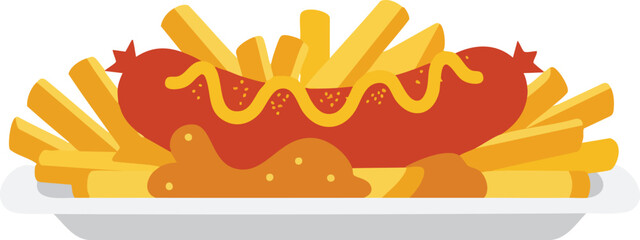 Illustration of a classic German Currywurst with french fries and two types of sauce on a white plate, depicting a popular fast food meal.
