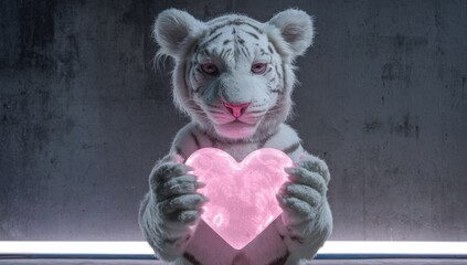 A white tiger cub holds a glowing pink heart, against a modern gray backdrop