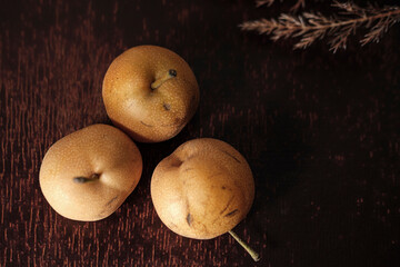 asian pears, nashi pear fruit fresh from the tree organic agriculture and vitamin nutrition