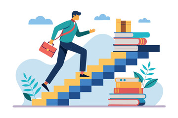 Businessman climbing blue and yellow book stairs towards a bright future