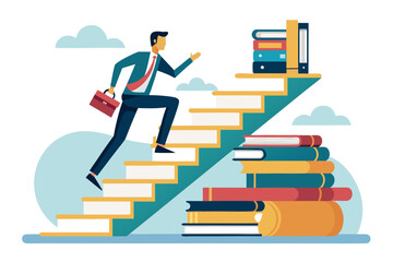 Businessman ascending book stairs with briefcase and clouds