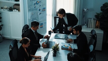 Time lapse of diverse marketing team prepare for business meeting. Top down aerial view of businesspeople placed laptop and tablet with financial statistic at table. Creative business. Directorate. - Powered by Adobe
