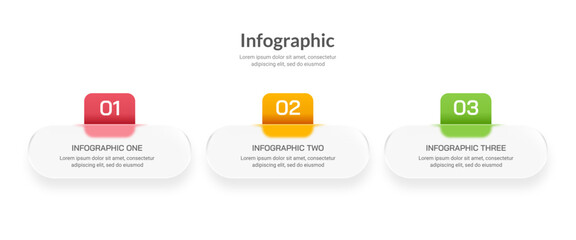 3 Step Neomorphism Infographic Template for Minimal Business Process. Website, Liquid glass and Banner. Vector illustration.