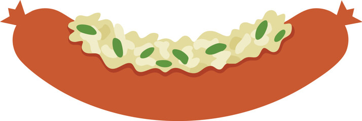 A simple vector illustration of a curved sausage with a relish or sauerkraut topping, isolated on a white background.