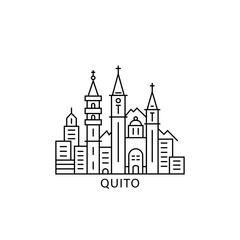 Obraz premium Quito skyline, horizon logo. Panorama of Ecuador city icon, abstract landmarks, skyscrapers, downtown. Isolated thin line graphic, vector clipart