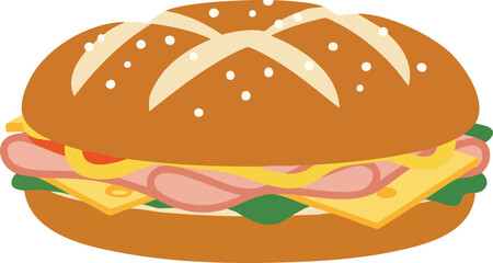 An illustration of a delicious ham and cheese sandwich on a pretzel bun with lettuce and mustard.