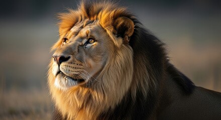 Fototapeta premium A majestic male lion with a glowing mane looks up at sunset in a golden savannah