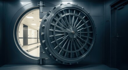 A massive, heavy metallic vault door, partially open, revealing a bright interior hallway