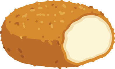 Close-up illustration of a breaded, fried, and cut-open croquette, revealing creamy filling.