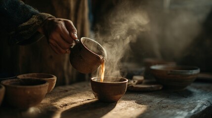 pouring coffee into a clay cup from height, soft steam and sunlight, cinematic rural setting, copyspace right