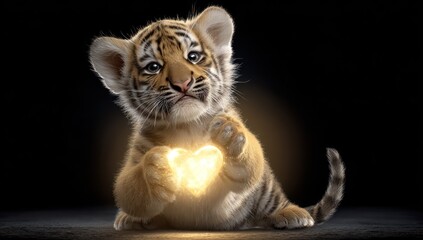 Adorable tiger cub holding a glowing heart-shaped object against a dark background