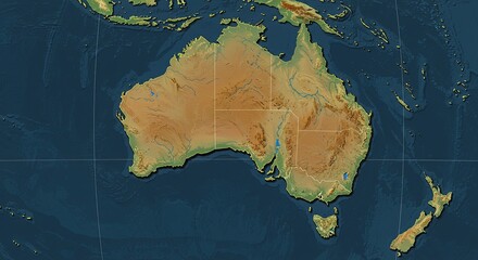 Stunning topographic map showcases Australia's diverse landscapes and geographical features in vivid detail, offering an unparalleled view of this vast continent and its surrounding islands.