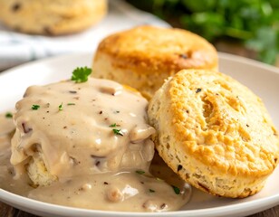 Savory biscuits smothered in creamy gravy, beautifully plated