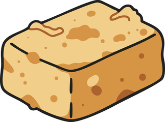A simple, stylized illustration of a golden-brown piece of fudge with a slightly irregular shape and visible texture.