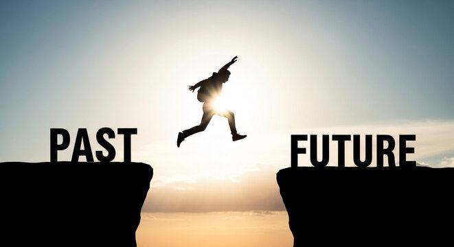 Silhouette of person jumping across a gap between past and future