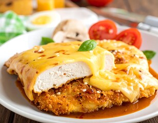 Savory chicken cutlets with melted cheese and tomato garnish