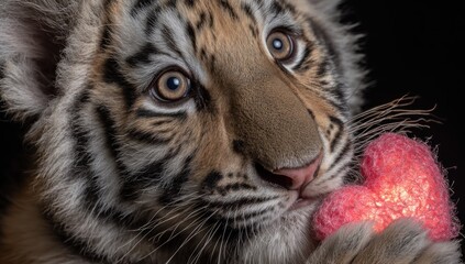 Close-up portrait of a curious tiger cub, holding a glowing pink heart, black background