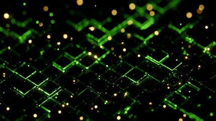Fototapeta premium Abstract Technology Concept with Green Lines and Golden Bokeh Light Effects on Dark Background