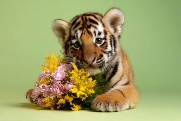 A cute tiger cub cuddles a bouquet of colorful flowers against a soft green backdrop