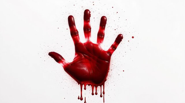 Dramatic bloody handprint emerges on pristine white wall creating suspenseful horror atmosphere for shocking visual storytelling