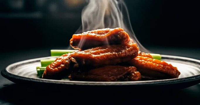 Deliciously glazed chicken wings served on a plate with fresh celery stalks