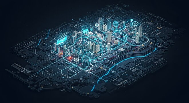 Futuristic smart city network visualization with glowing blue data streams connecting modern buildings, representing seamless connectivity and technological advancement in urban planning.