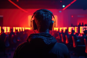 Obraz premium Gamer Focused on Competitive Match in Neon-Lit Esports Arena with Headphones and Dramatic Lighting