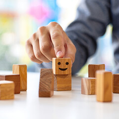 Building a positive attitude with wooden blocks concept of optimism