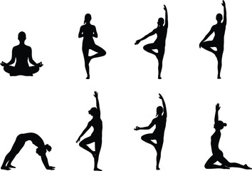 Yoga silhouette vector illustration, meditation and balance poses, wellness lifestyle concept, black figures on white background, flexibility, calmness, spiritual fitness design