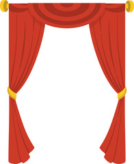Classic Red Stage Curtains with Gold Rod and Tie-backs. Elegant Flat Vector Illustration.