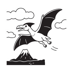 A black and white cartoon illustration of a pterodactyl flying in the sky.  © shahariea