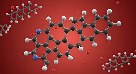 Intricate molecular structures with carbon and nitrogen atoms vividly rendered against a dynamic red gradient background, perfect for scientific research and innovation concepts.