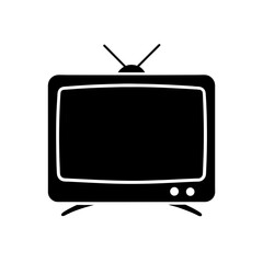 Illustration of an old television set with antenna and rounded edges in solid black color on white background on transparent background silhouette