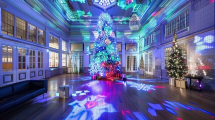 Festive Christmas Tree in Elegant Large Room with Colorful Light Show and Decorated Smaller Tree