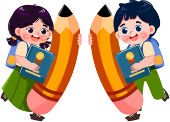 Smiling Students with Books Holding Oversized Pencils, Back to School Illustration.
