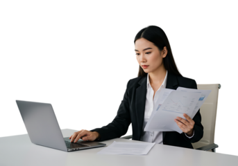 Young asian businesswoman working on laptop isolated on transparent background