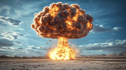 Apocalyptic mushroom cloud explosion bursts from dry earth under cloudy blue sky